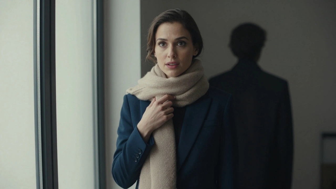 Женщина в темно-синем пиджаке и бежевом шарфе у окна, лицо освещено солнцем, за спиной — смутный силуэт в черном.