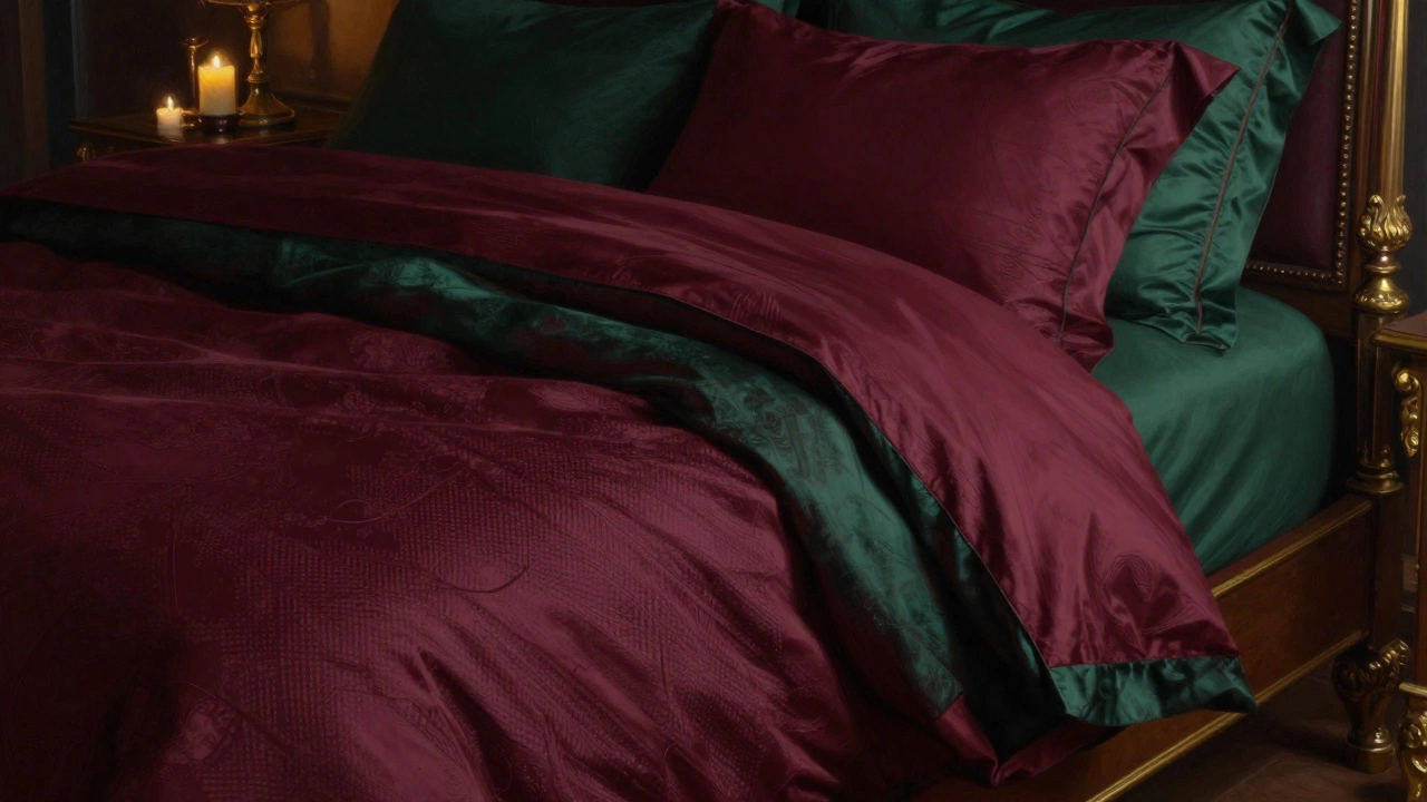 Бордовое и темно-зеленое роскошное постельное белье с деталями ткани под свечным светом.