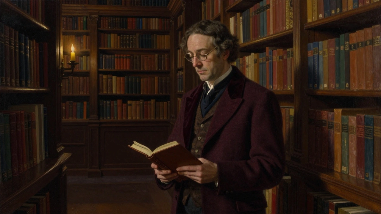 Человек в твидовом пиджаке и бархатных брюках читает в библиотеке при свете свечей.