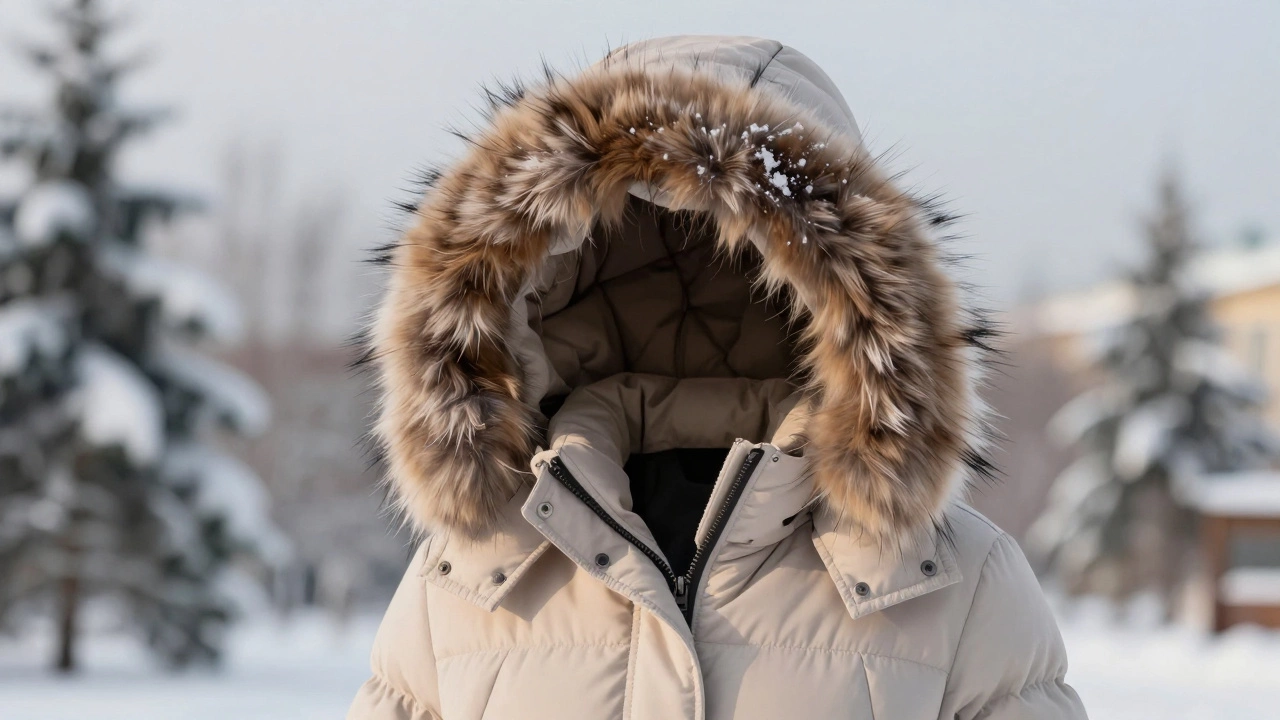 Деталь капюшона современного пуховика с меховой окантовкой и двойной молнией.