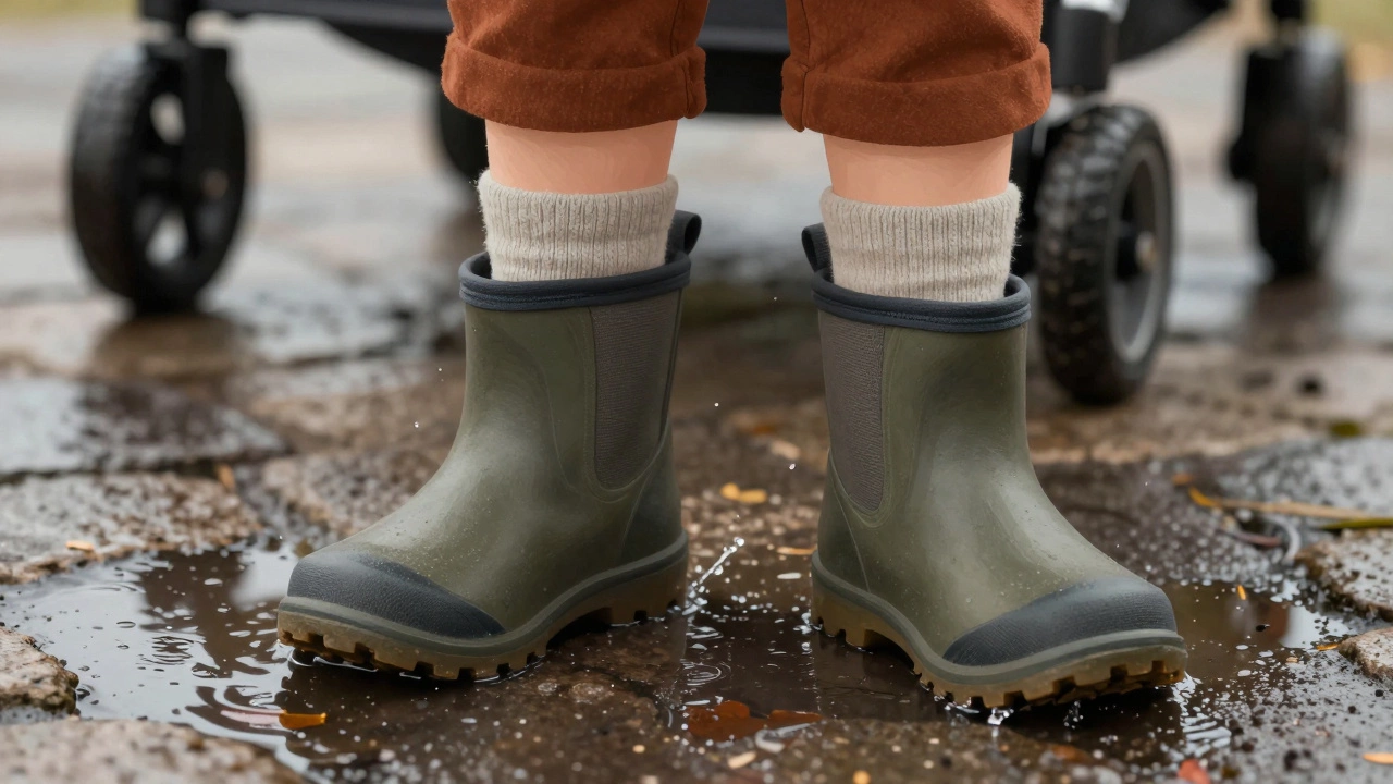 Детские ботинки с двумя слоями носков стоят в луже, виден свободный зазор у пятки, вокруг — мокрые камни и отражение неба.