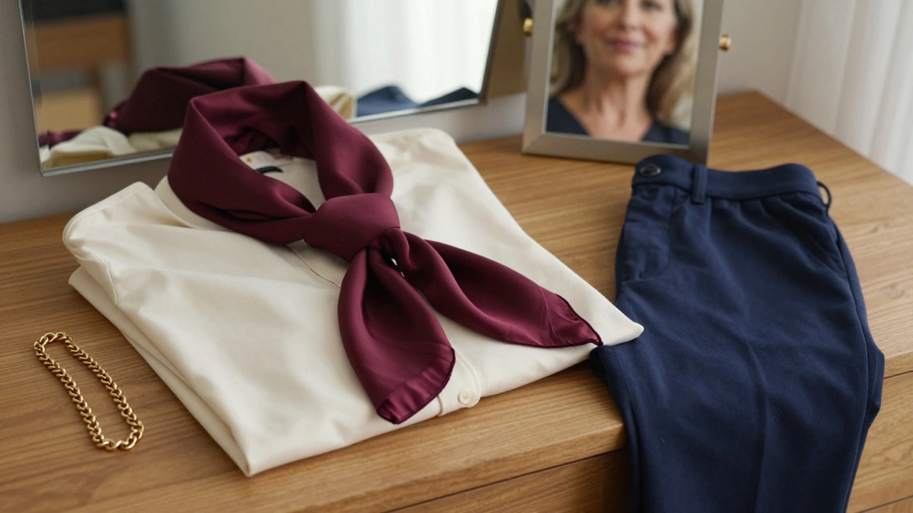 Кремовая блузка, бордовый шарф и нави-брюки на деревянной тумбочке