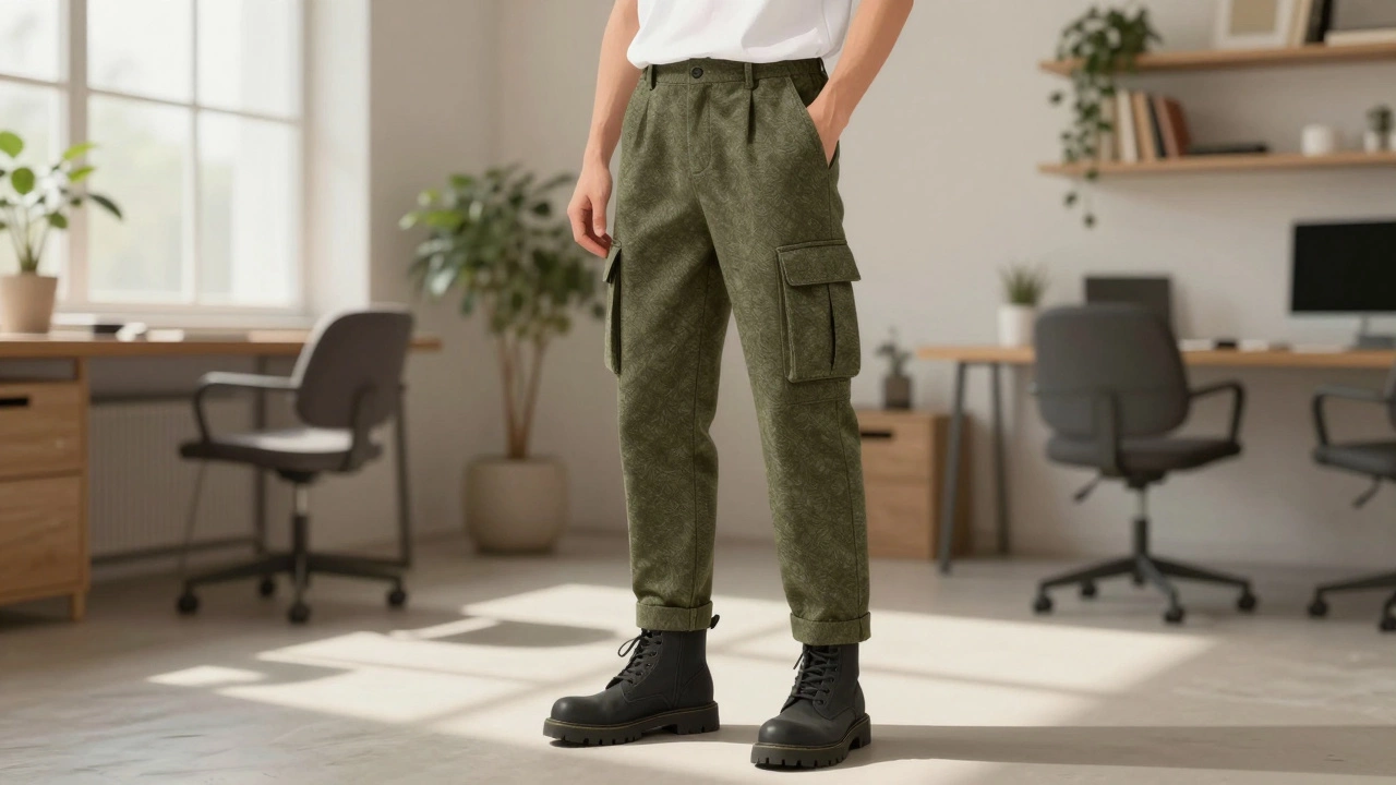 Мужчина в брюках-карго из твида с интегрированными карманами в современном офисном пространстве.