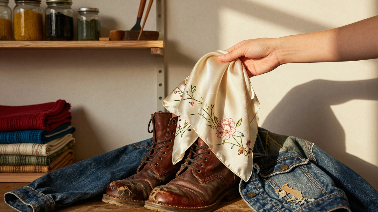 Рука держит шёлковый шарф с ручной вышивкой рядом с отремонтированными кожаными ботинками и джинсами.