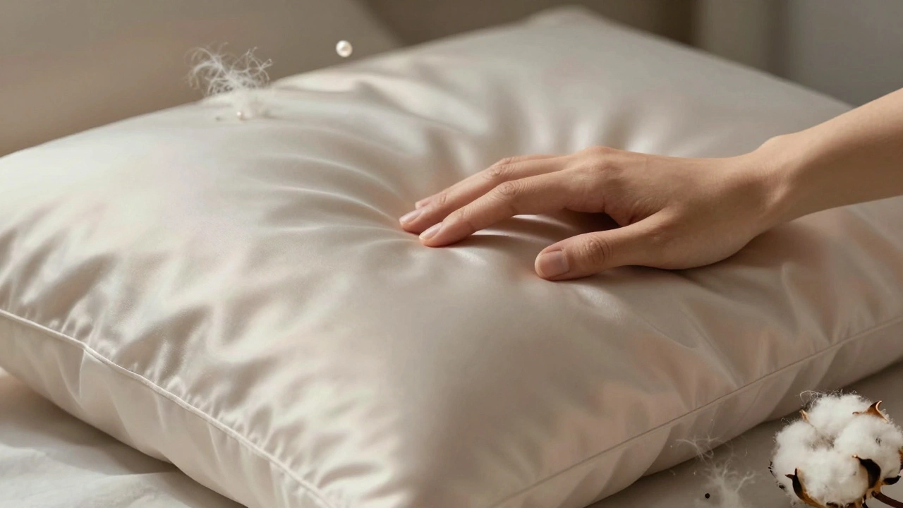 Рука касается шелковой наволочки, ее переливающийся блеск и изящные складки.