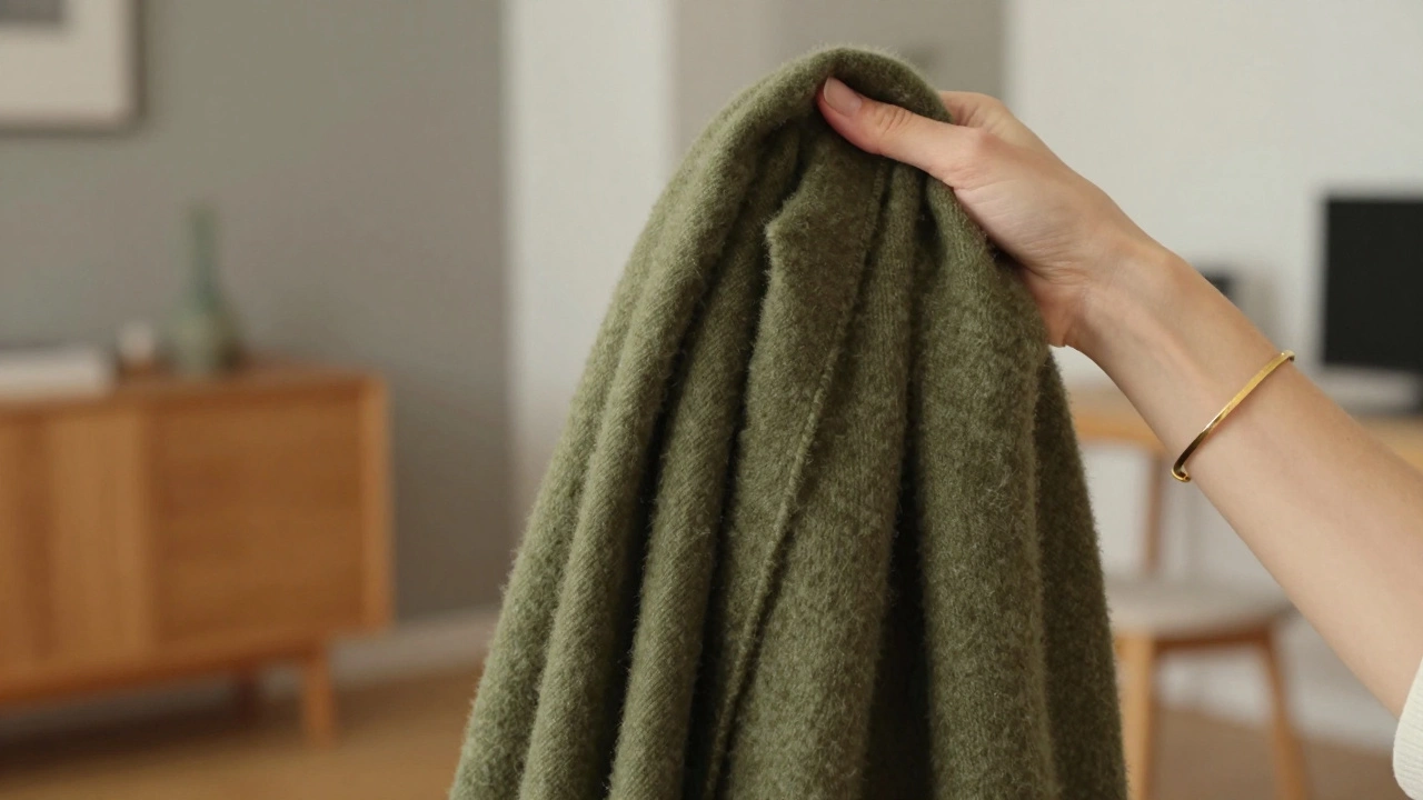 Рука с оливковым кашемировым шарфом на фоне деревянной мебели