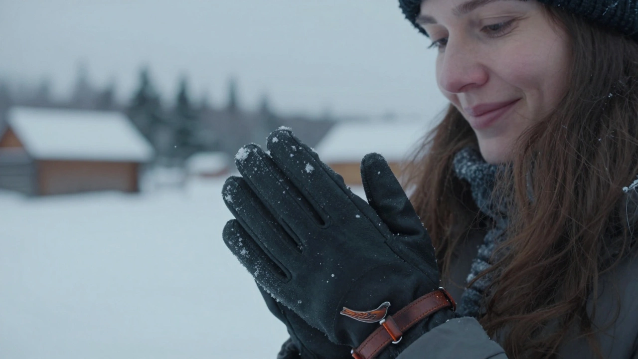 Рука в перчатке с кожаным браслетом и птичкой на снежном фоне Сибири.