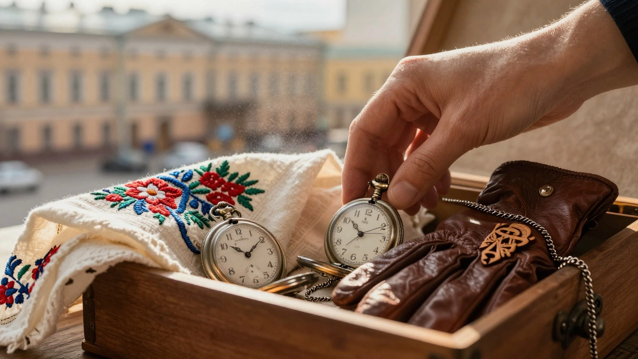 Рука вынимает из коробки винтажные аксессуары: часы, шаль, брошь и цепочку.