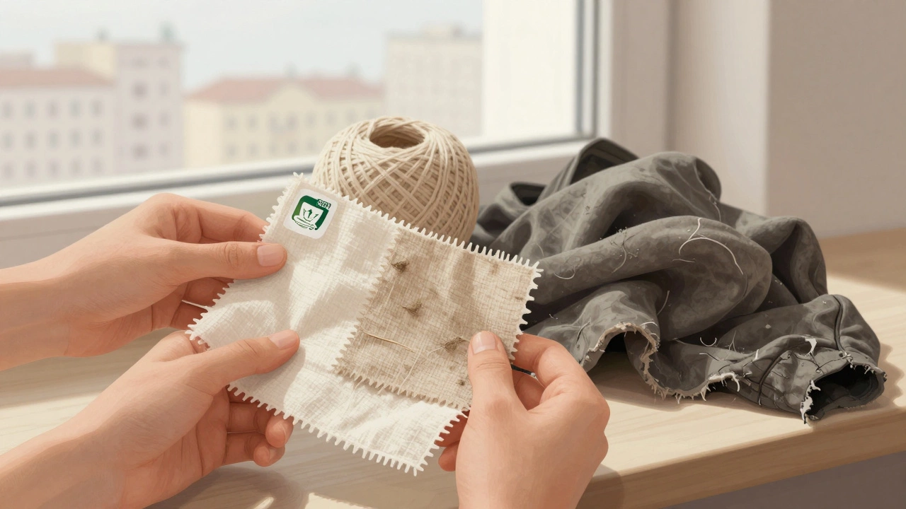 Руки держат образцы экологичных тканей рядом с выброшенной синтетической одеждой.