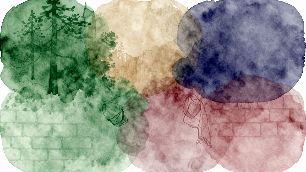 Смешивающиеся оттенки зеленого, бежевого, синего и розового в водяных красках.