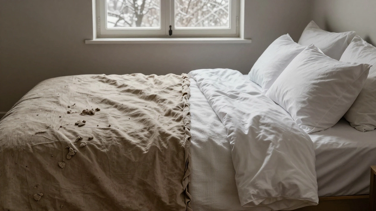 Сравнение изношенного и роскошного постельного белья: дешевое слева, элитное — справа.