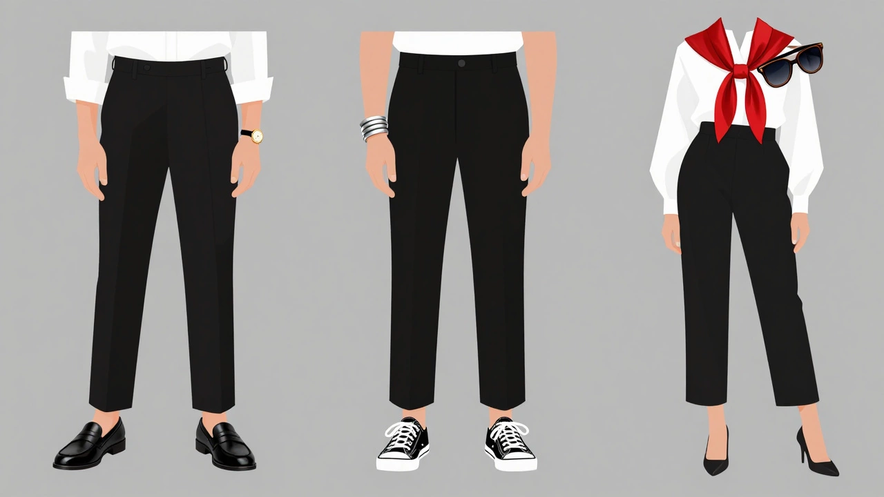 Три образа с одной футболкой и брюками, отличающиеся только аксессуарами: часы, браслет и шарф.