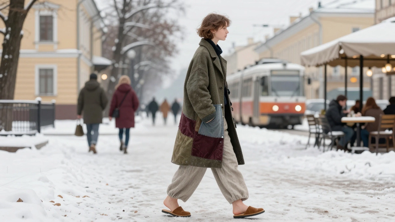 Юноша в Санкт-Петербурге идёт по улице в костюме из трёх винтажных пиджаков, в льняных брюках и деревянных тапочках.