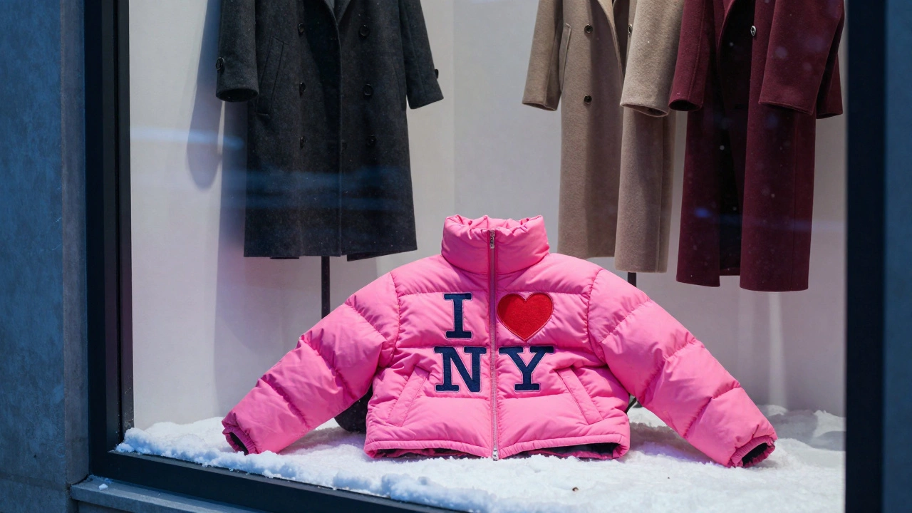 Устаревший яркий пуховик с логотипом лежит в витрине рядом с современными моделями.