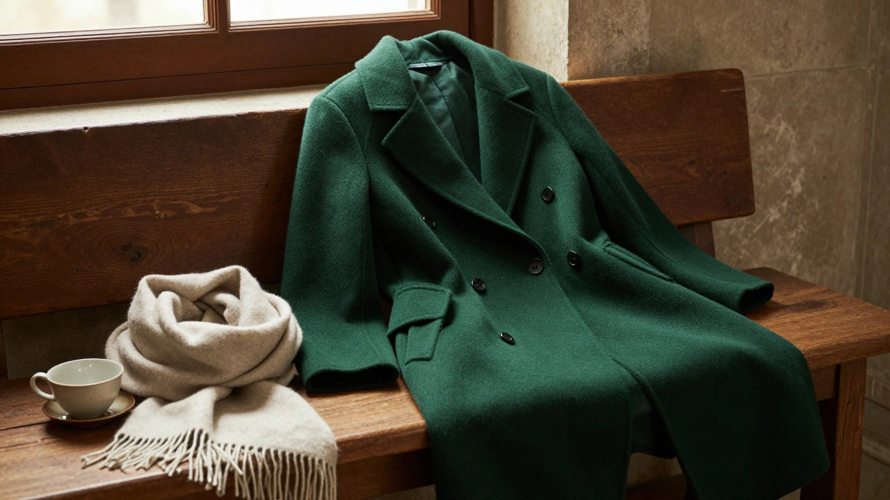 Зеленое пальто на деревянной скамейке с шарфами и чашкой чая.