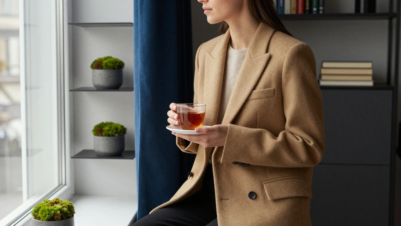 Женщина в охристом пиджаке сидит у окна с чашкой чая в минималистичной комнате.