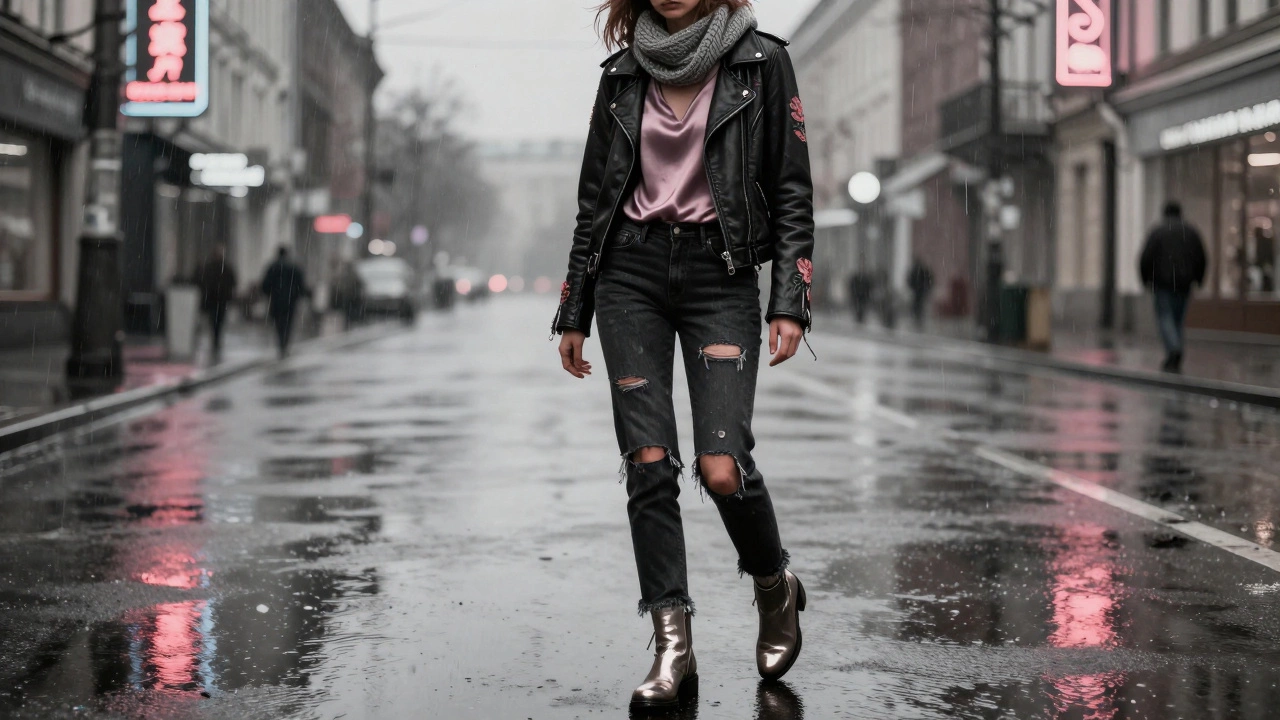 Женщина в рваных джинсах и кожаной куртке с вышивкой идёт по мокрой улице под дождём.