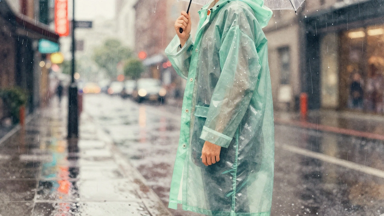 Человек в биоразлагаемом нейлоновом плаще в дождливом городе, капли на ткани