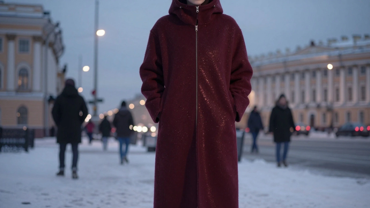 Длинная куртка из шерсти и кашемира с капюшоном стоит на фоне городского пейзажа при вечернем свете.