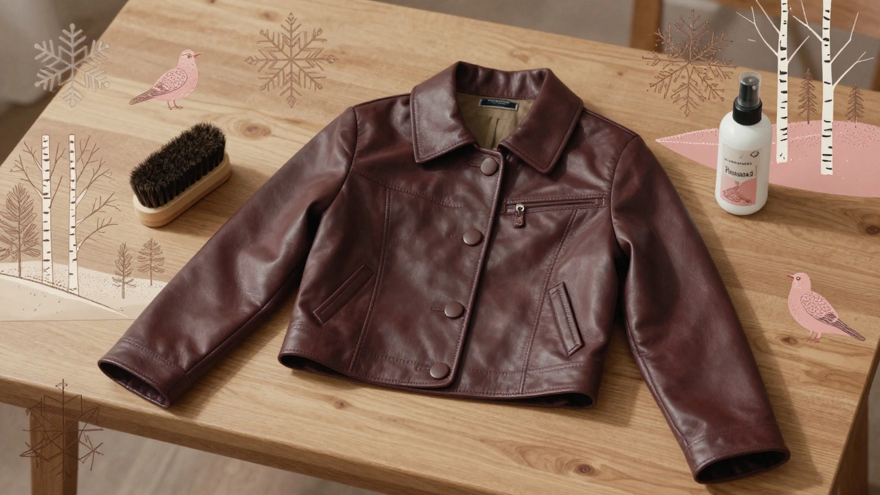 Кожаная куртка с геометрической вышивкой и средствами ухода за замшей на деревянном столе.
