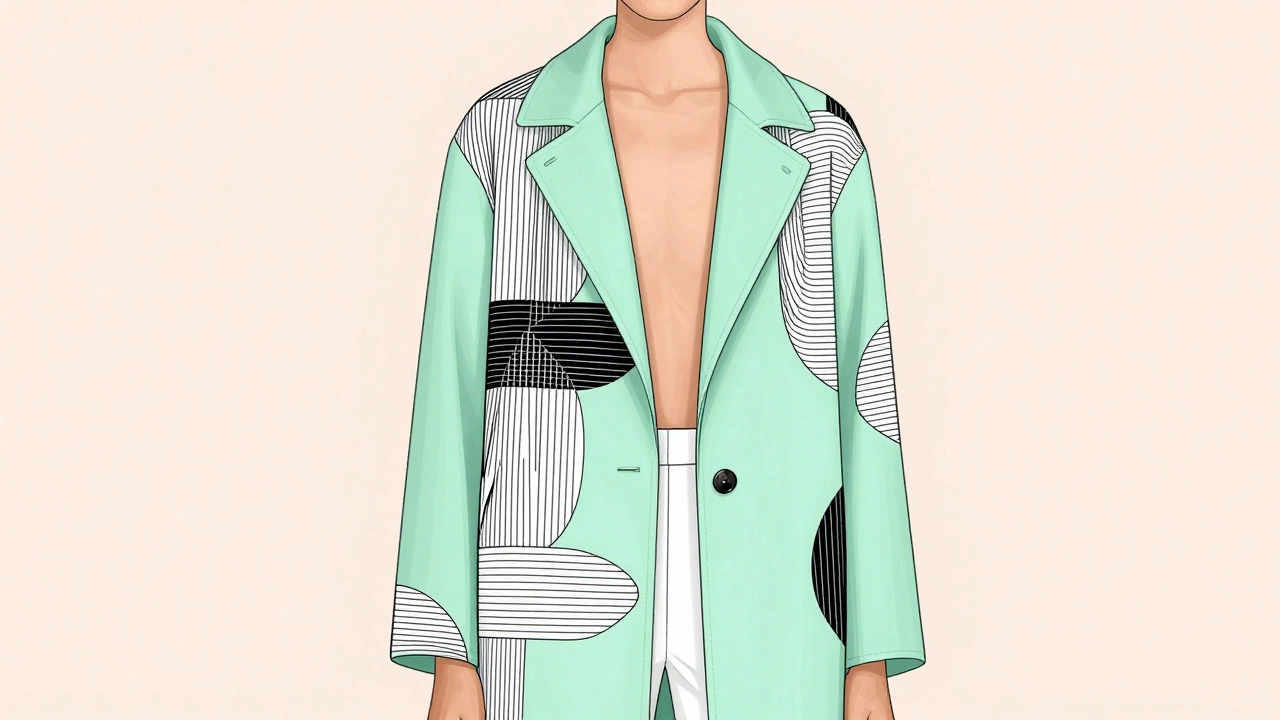 Модель в пальто с черно-белым геометрическим узором на пастельном фоне