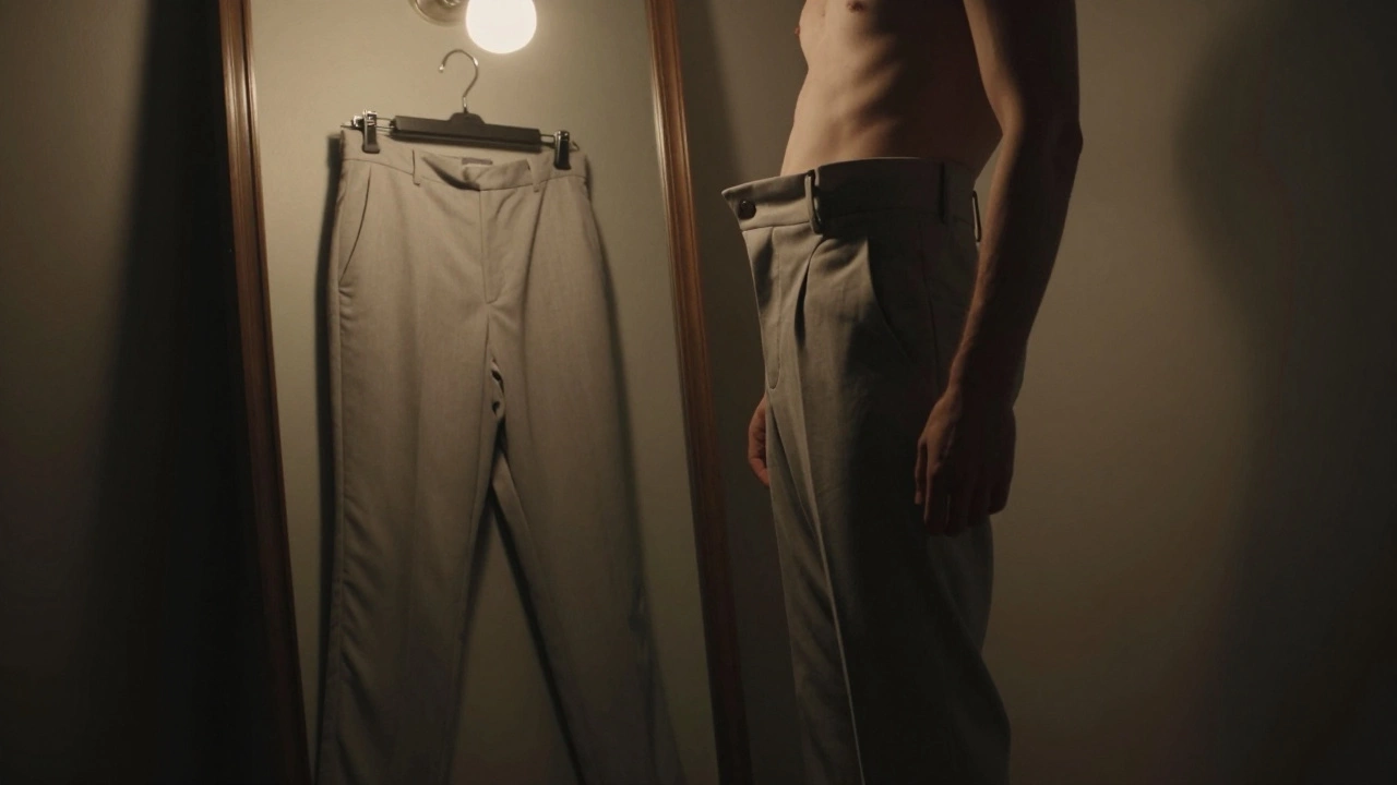 Мужчина перед зеркалом: старые брюки с завышенной талией сползают, рядом — аккуратно висящие современные.