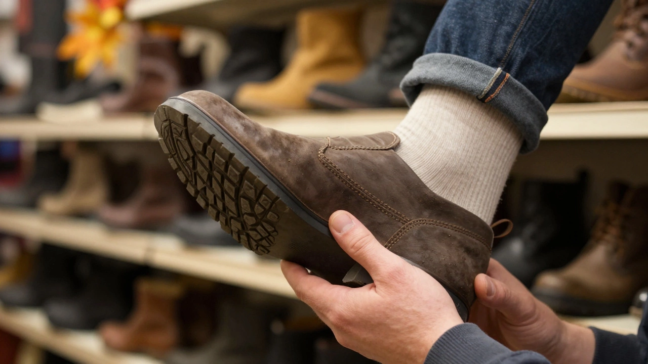 Мужчина проверяет гибкость подошвы и фиксацию пятки в ботинке в обувном магазине.