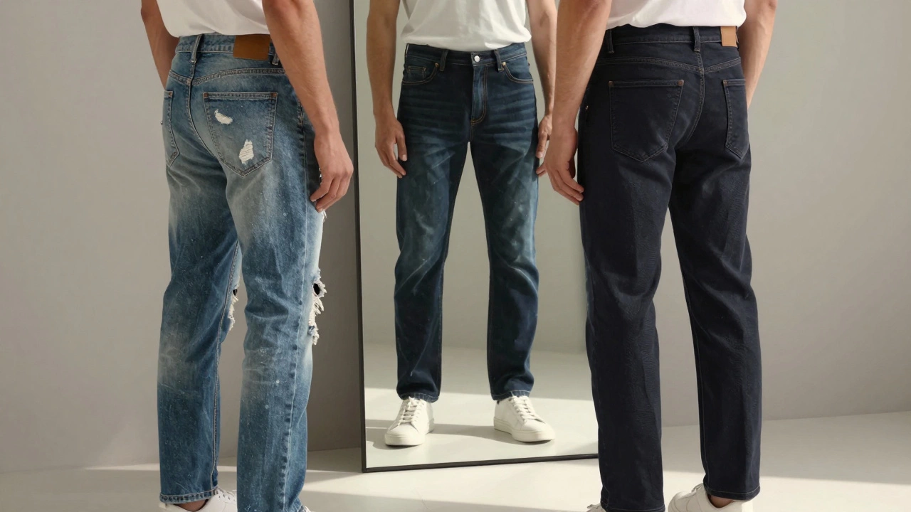 Мужчина смотрит в зеркало: на нем потертые джинсы, а в отражении — современные прямые брюки.