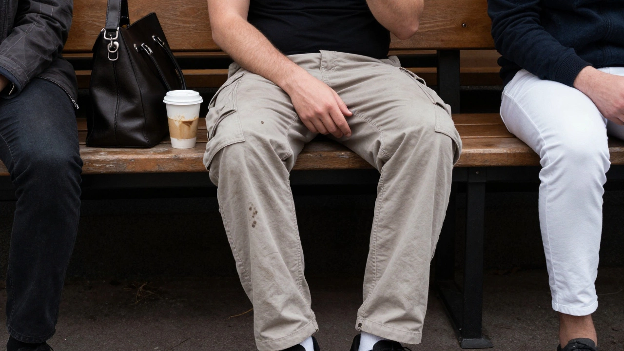 Мужчина в карго-брюках с множеством карманов сидит в кафе, вокруг — люди в минималистичной одежде.