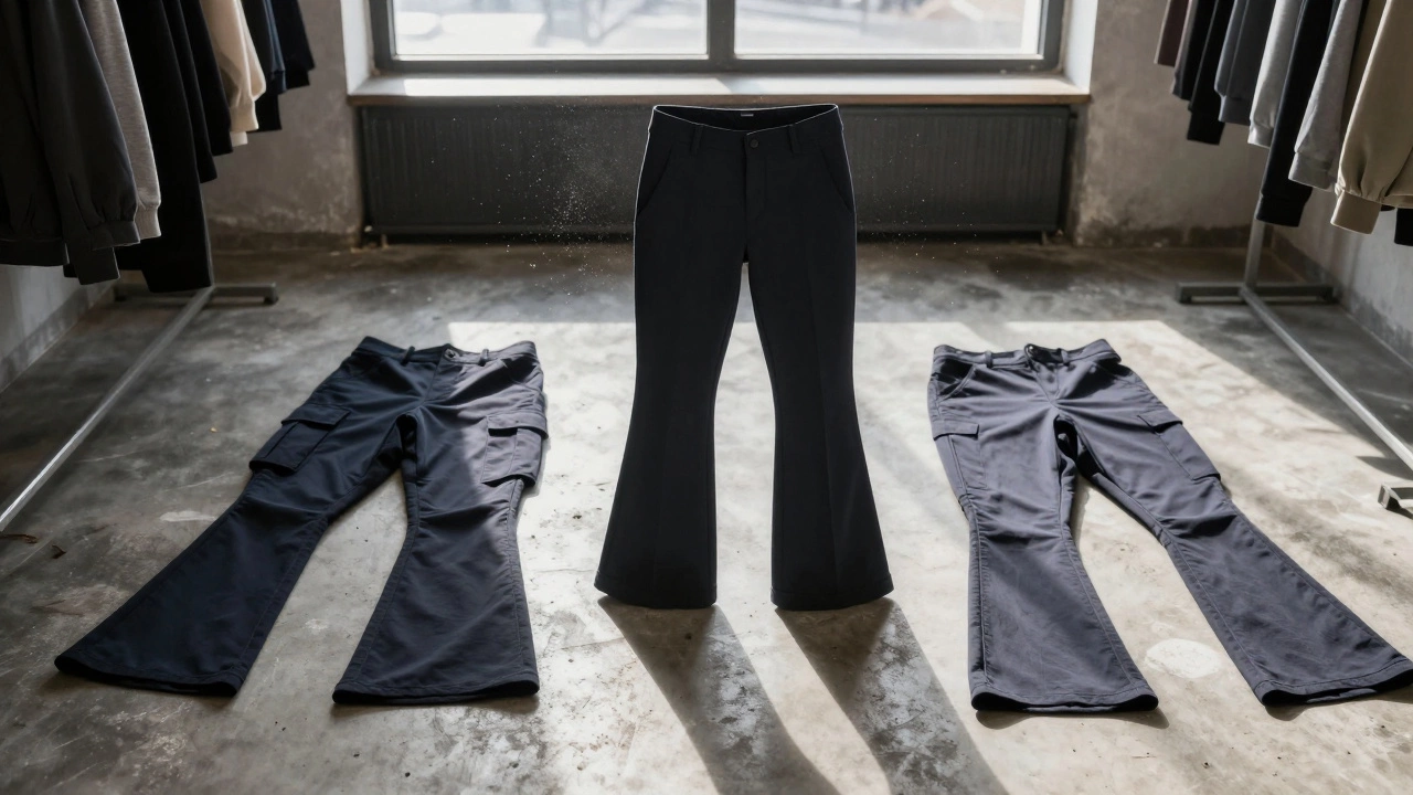 На полу магазина лежат три устаревших типа брюк, в центре — одна пара современных, освещённая солнечным светом.