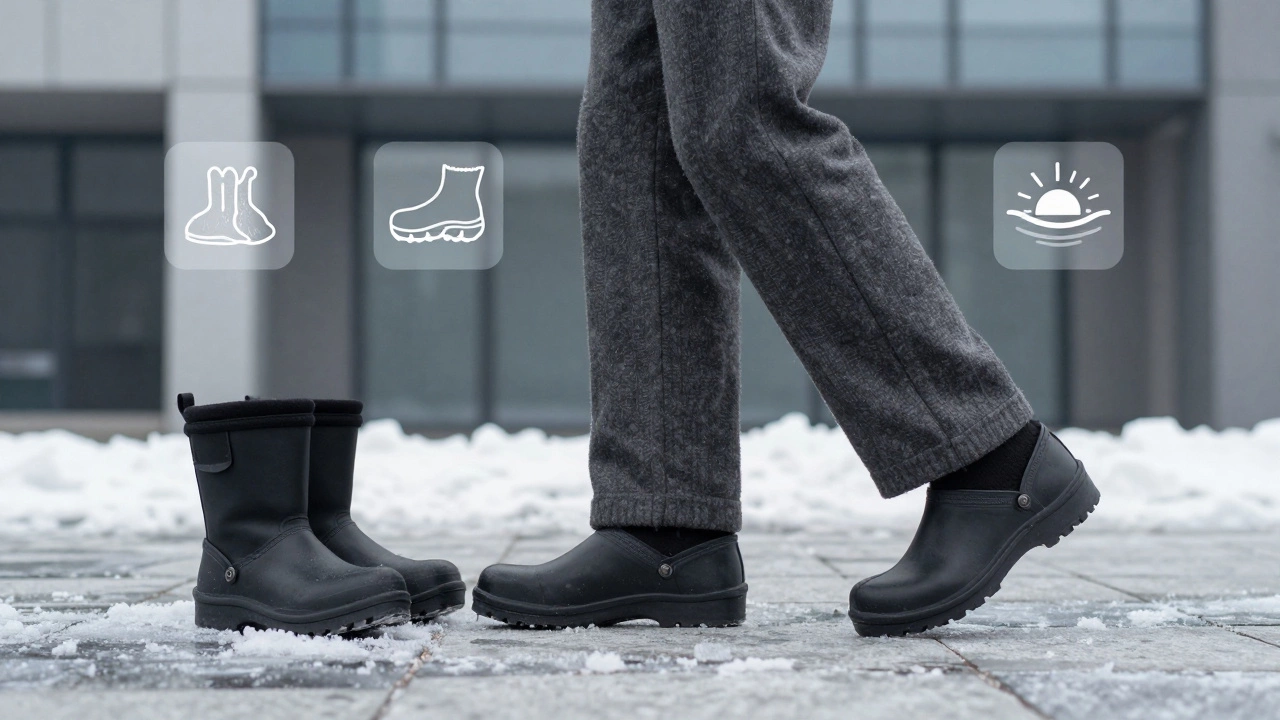 Ноги в сабо переступают через лед, рядом лежат обычные зимние ботинки, символы тепла и защиты над ними.