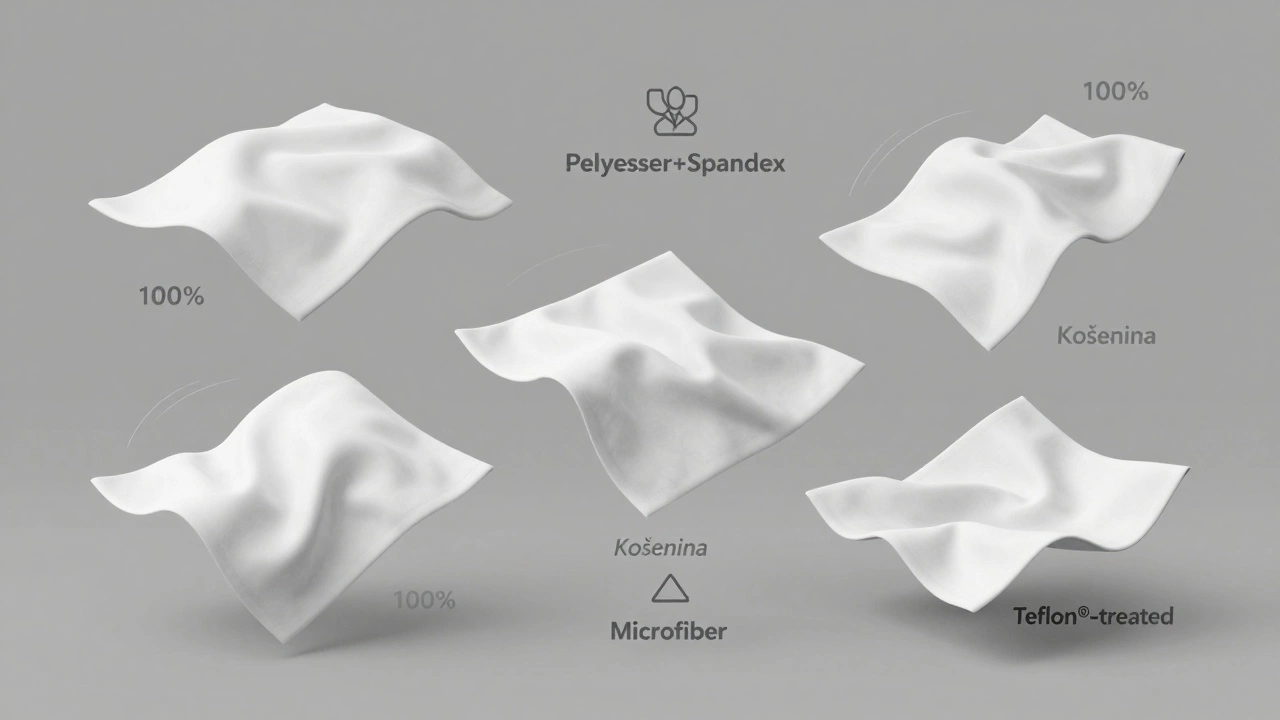 Пять образцов тканей в воздухе с обозначениями состава: полиэстер, эластан, кошенина, микрофибра, Teflon®.