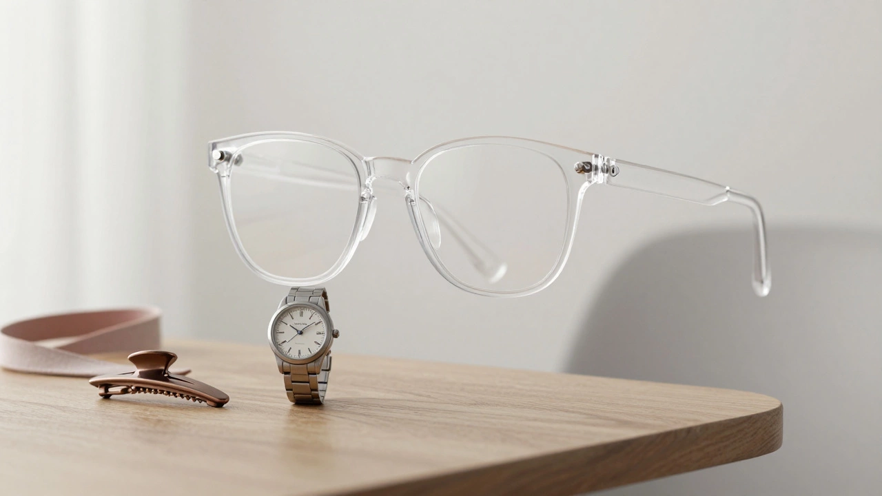 Прозрачные очки без линз, механические часы и металлические зажимы для волос на фоне тихого утра.