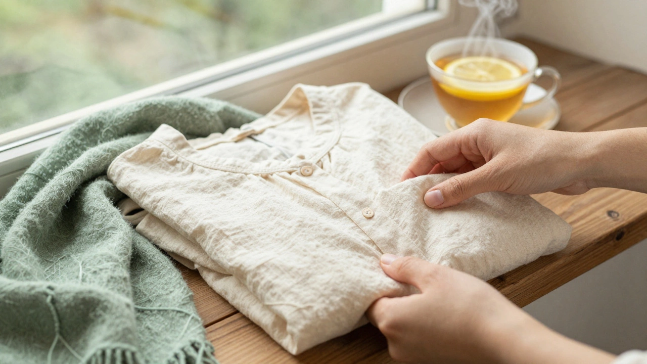 Руки складывают кремовую льняную рубашку рядом с зеленой шалью на деревянном подоконнике, чай с лимоном на фоне.