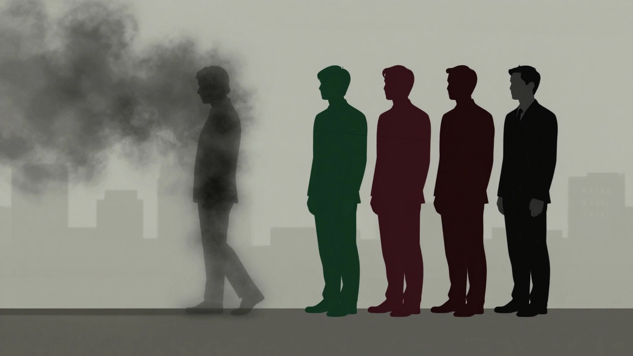 Силуэт мужчины, растворяющегося в сером тумане, рядом — три фигуры в насыщенных цветах.