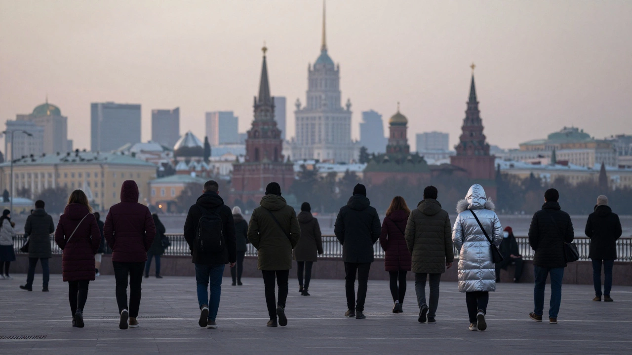 Силуэты людей в бордовом, оливковом и серебристо-сером одеянии на фоне городского пейзажа на рассвете.
