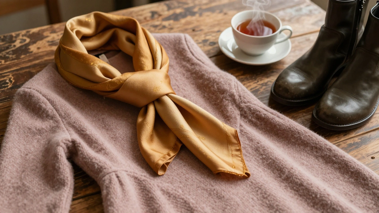 Текстиль осенней моды: аш-розовое платье, горчичный шарф и оливковые ботинки на деревянном столе.