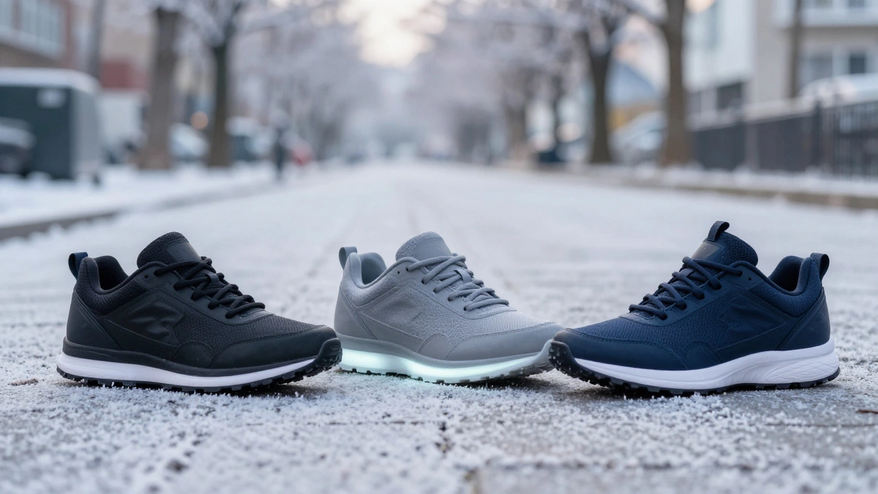 Три пары кроссовок — черные, серые и темно-синие — на замерзшем тротуаре, акцент на подошве.