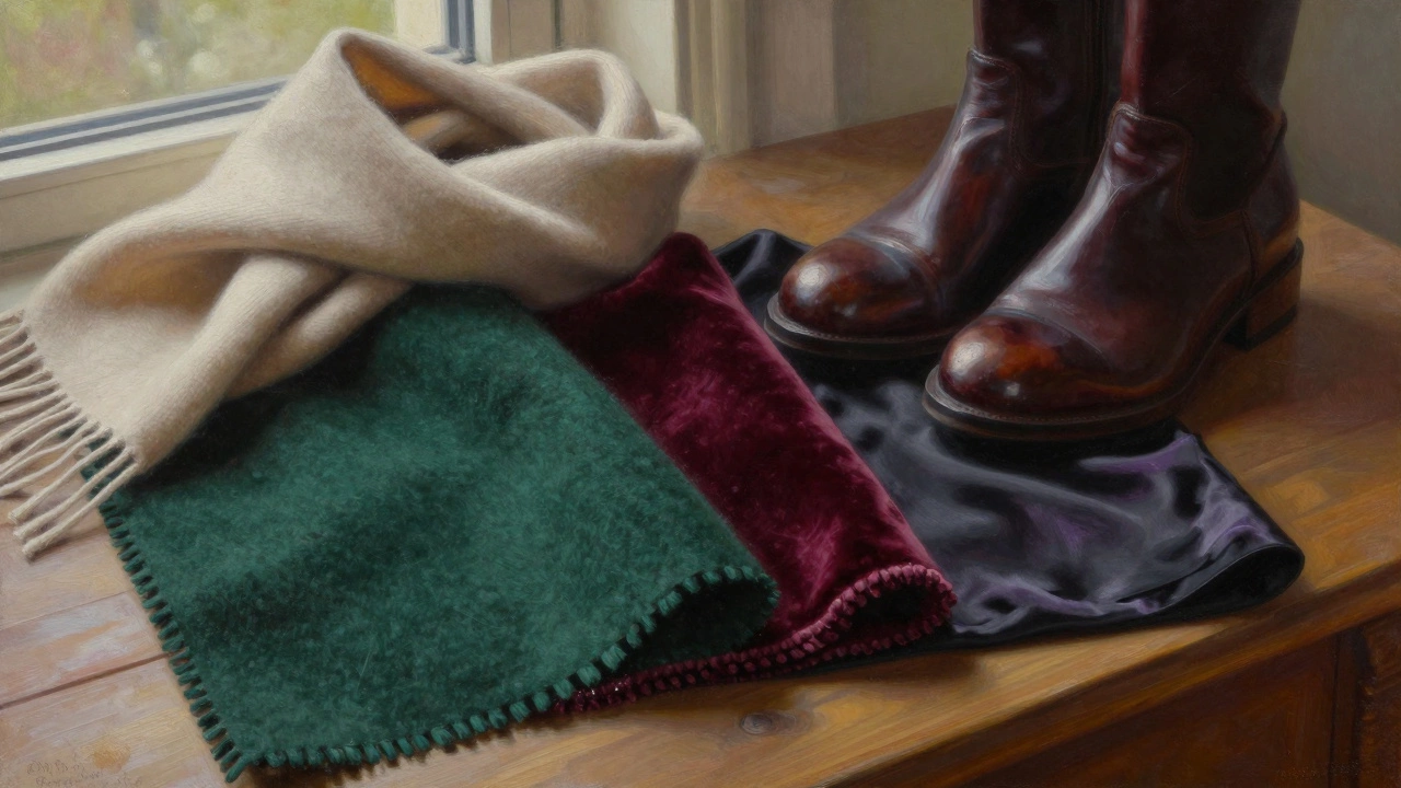 Три текстурированных ткани: темно-зеленая шерсть, бургунди и черный бархат на деревянном столе.