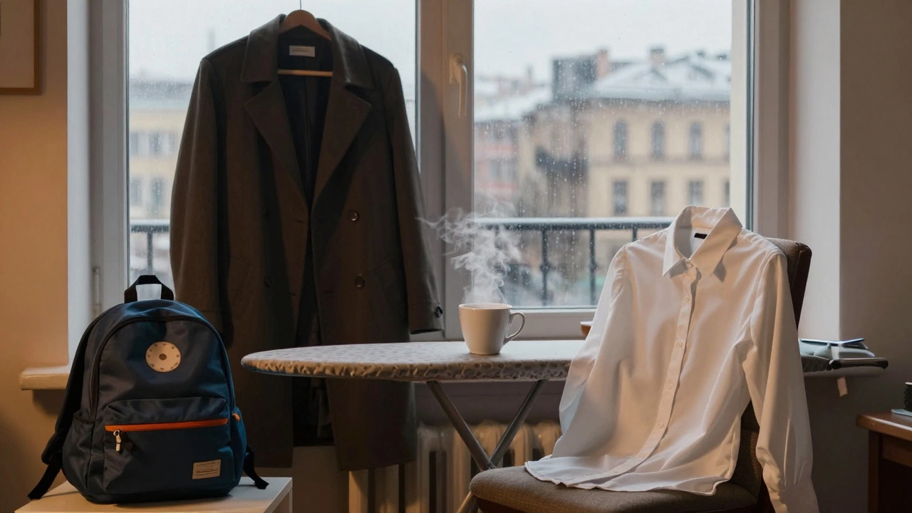 Утренняя сцена в Санкт-Петербурге: рубашка на стуле, кофе и сумка — без утюга.