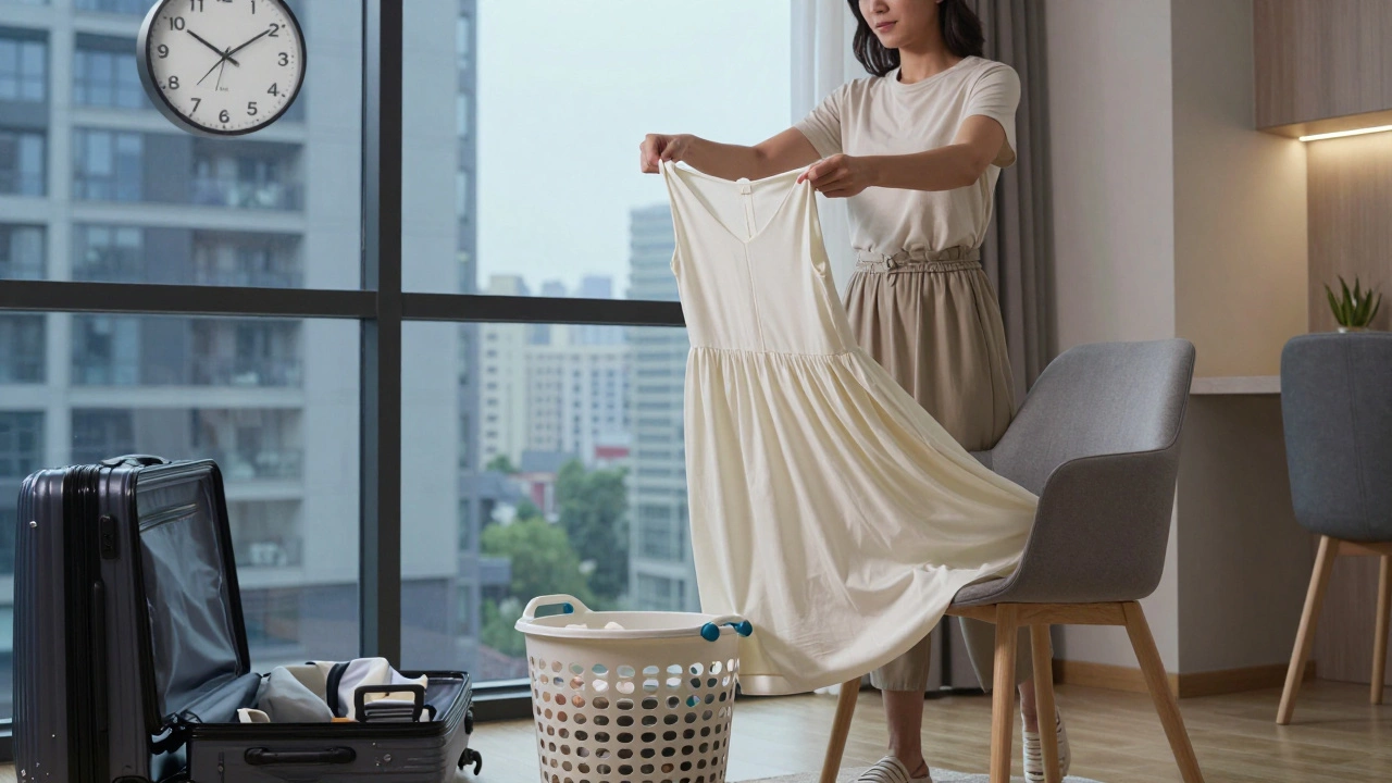 Женщина кладет платье на стул — оно само расправляется, чемодан на фоне, утро.