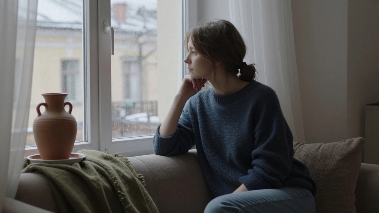 Женщина в тёмно-синем свитере сидит у окна в уютной комнате, за окном дождь.
