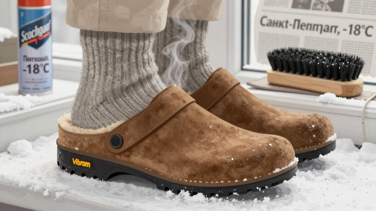 Зимние мужские сабо на подоконнике с видимой шерстяной стелькой и рифленой подошвой, покрытой снегом.