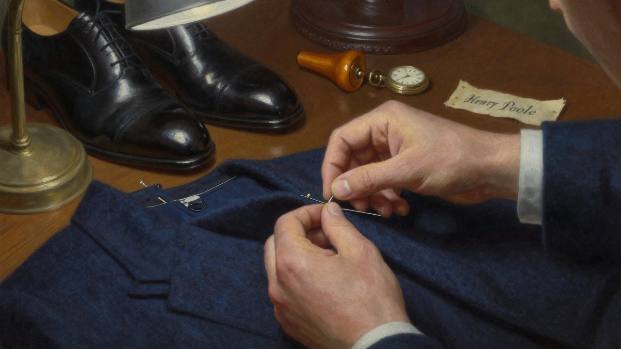 Ближний план рук, шьющих пиджак из шотландской шерсти, с видимыми деталями: роговая пуговица, карманные часы, этикетка Henry Poole.