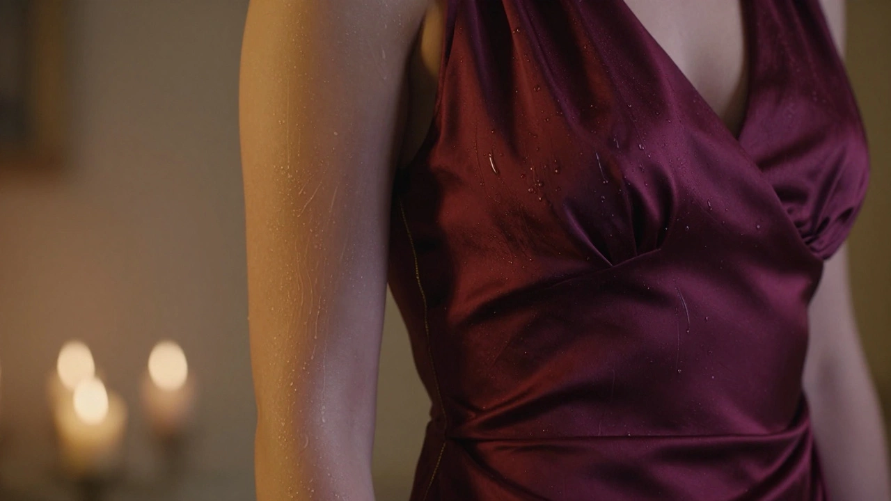 Бордовое платье с атласной текстурой, переливающееся от багрового до фиолетового.
