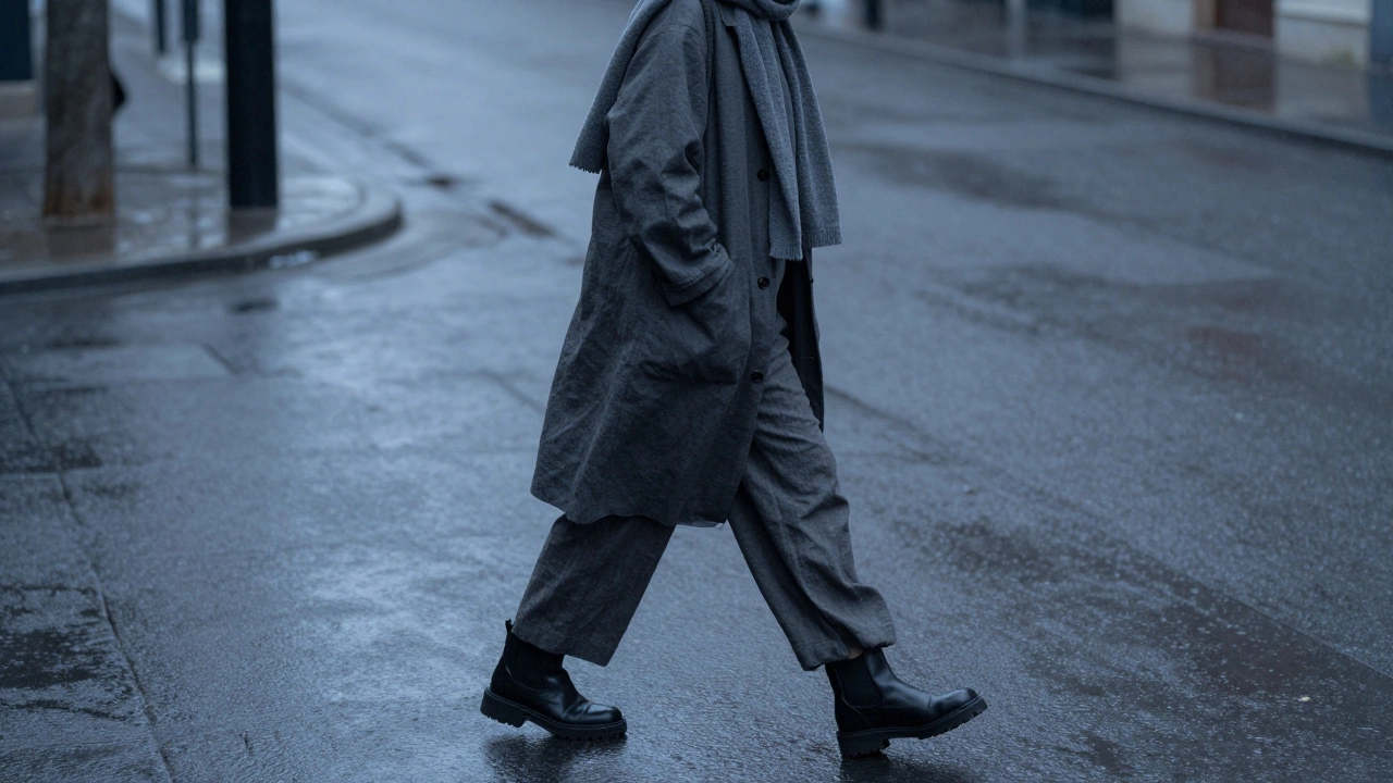 Человек идет по мокрой улице в сером пальто и льняных брюках, с шарфом из мериноса и ботинками на низкой платформе.