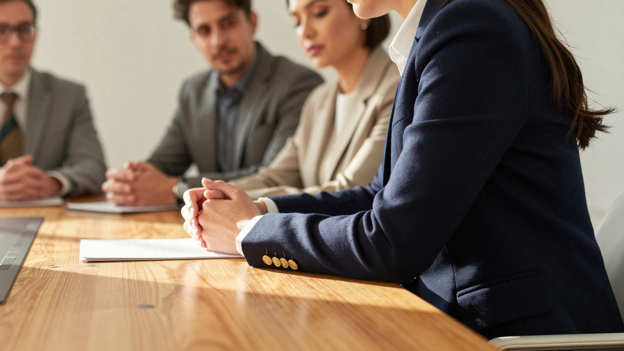 Человек в блюзовом пиджаке с золотыми деталями на встрече, привлекающий внимание.