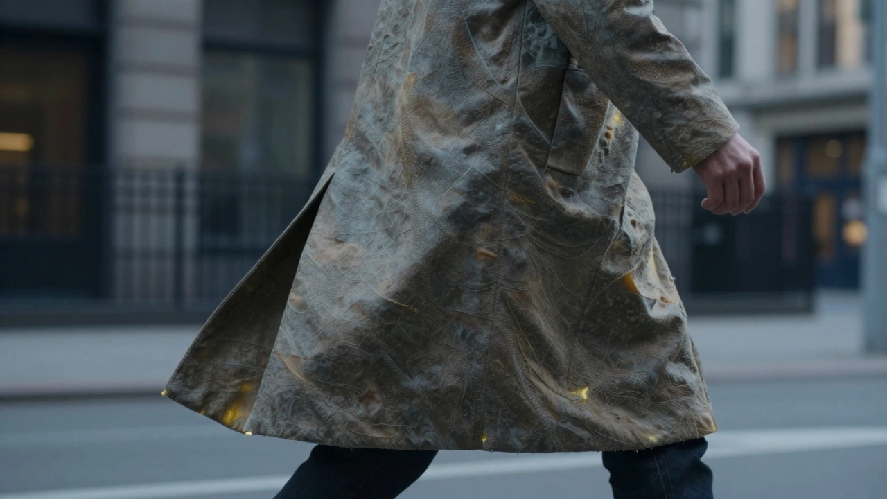 Человек в пальто из водорослевой ткани идёт по городу, ткань имеет матовую, естественную текстуру.