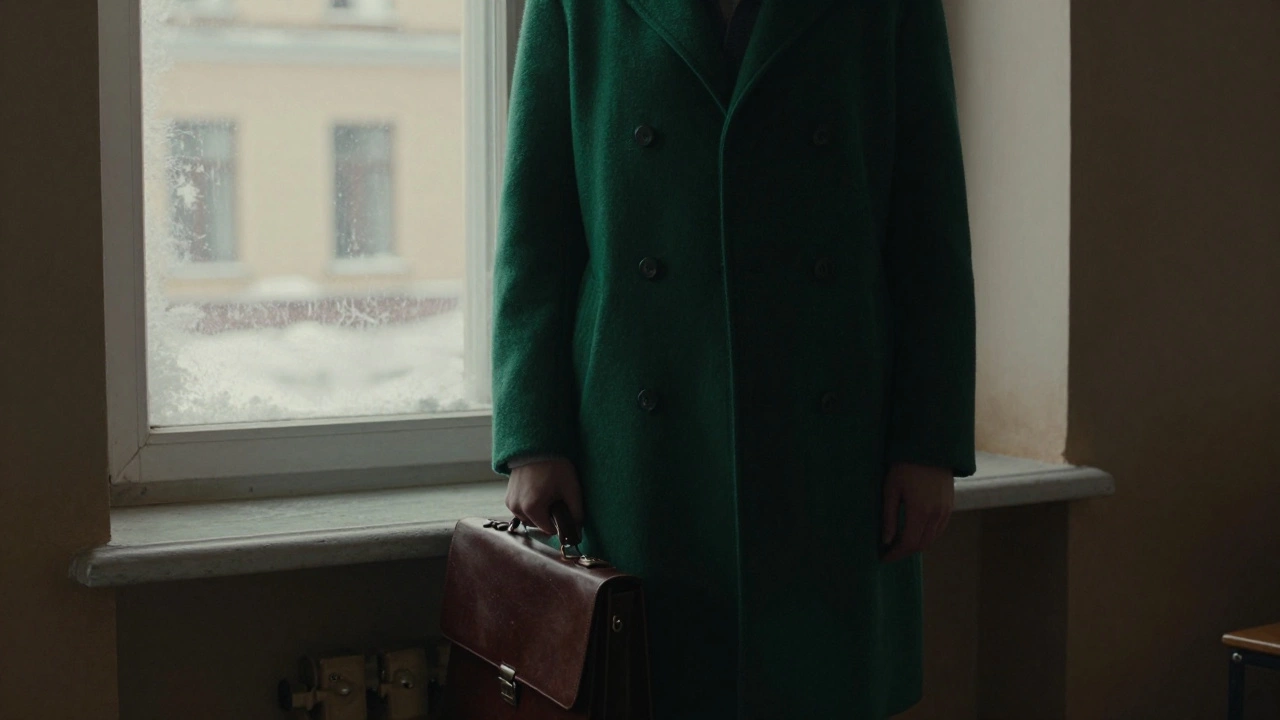 Человек в тёмно-зелёном пальто у окна, символизирующий стабильность и надёжность.
