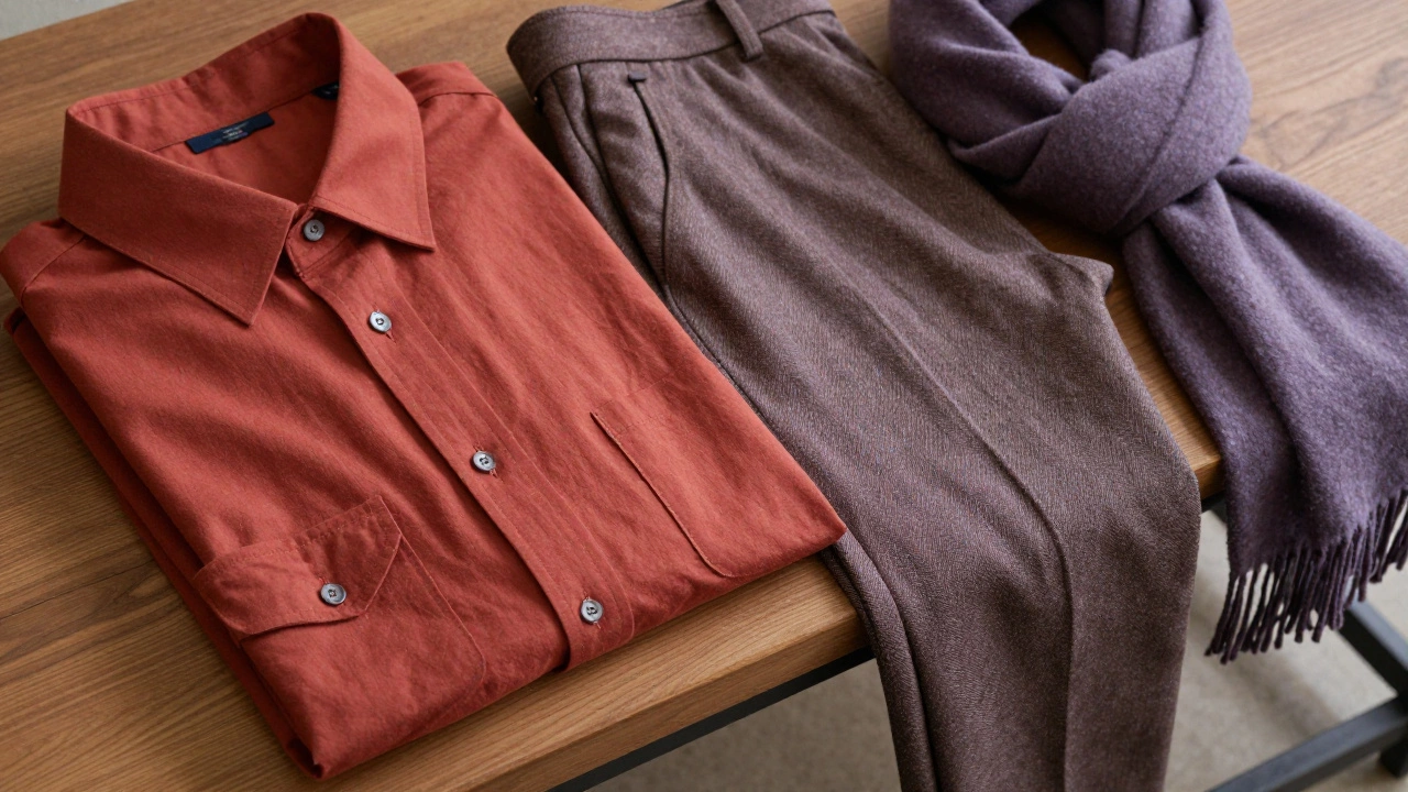 Деталь одежды: терракотовая футболка и брюки из твила на деревянной скамье, без логотипов и украшений.